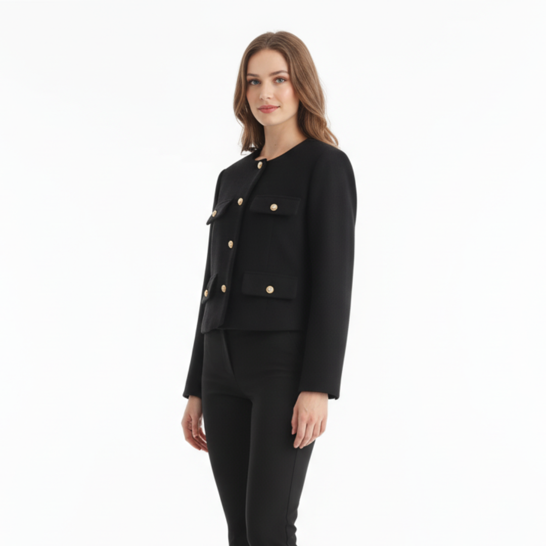 Damen Cropped Bouclé-Tweed-Jacke – Eleganter Cardigan-Blazer mit Goldknöpfen