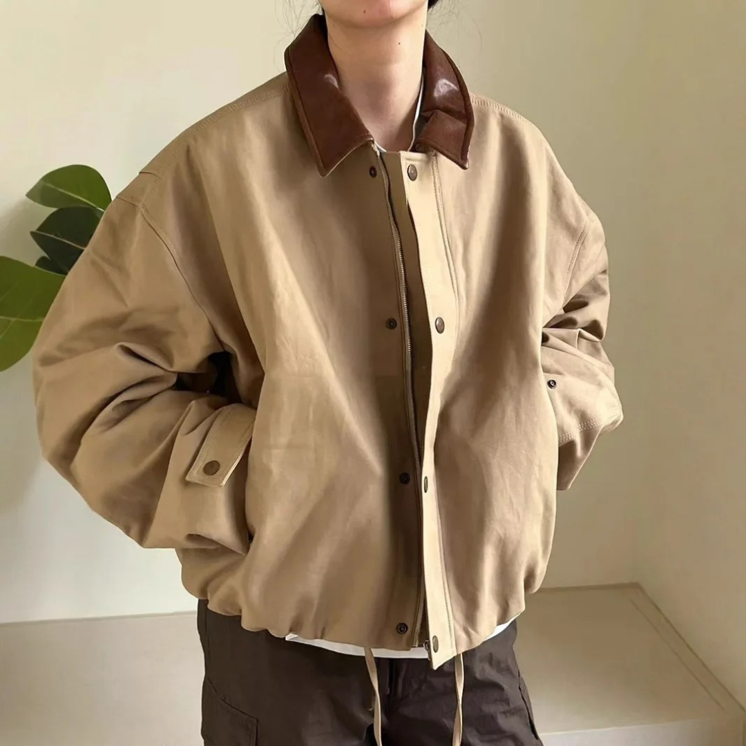 Jacke im Retro-Barn-Stil mit Lederkragen – Nanyou Vintage