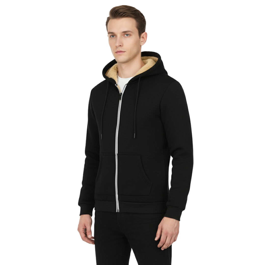 Herren Fleecejacke mit Sherpa-Futter – Dicke Thermo-Winterjacke mit Reißverschluss und Kapuze