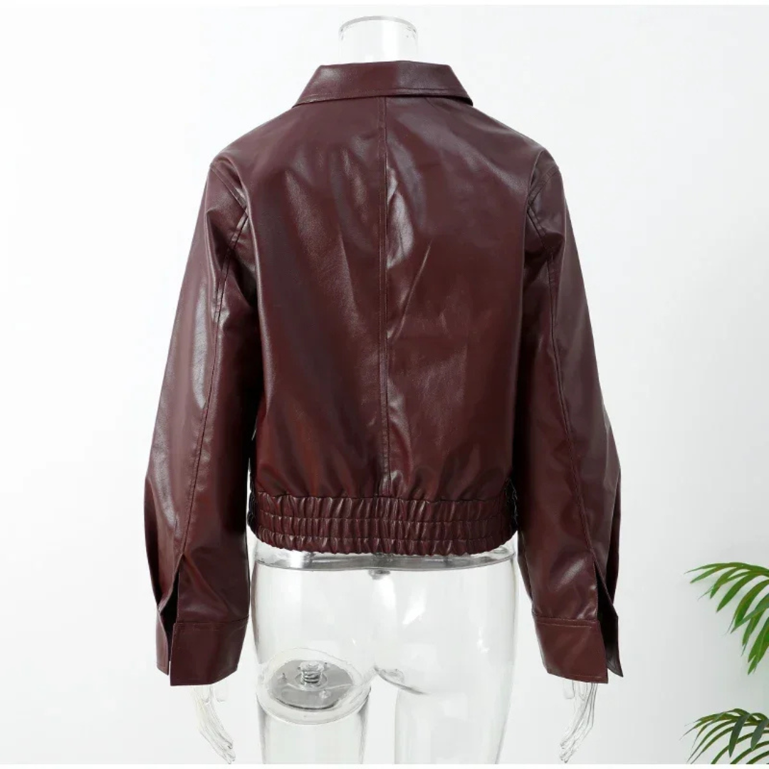 Damen Cropped Kunstlederjacke – Moto-Stil mit Reißverschluss (Weinrot)