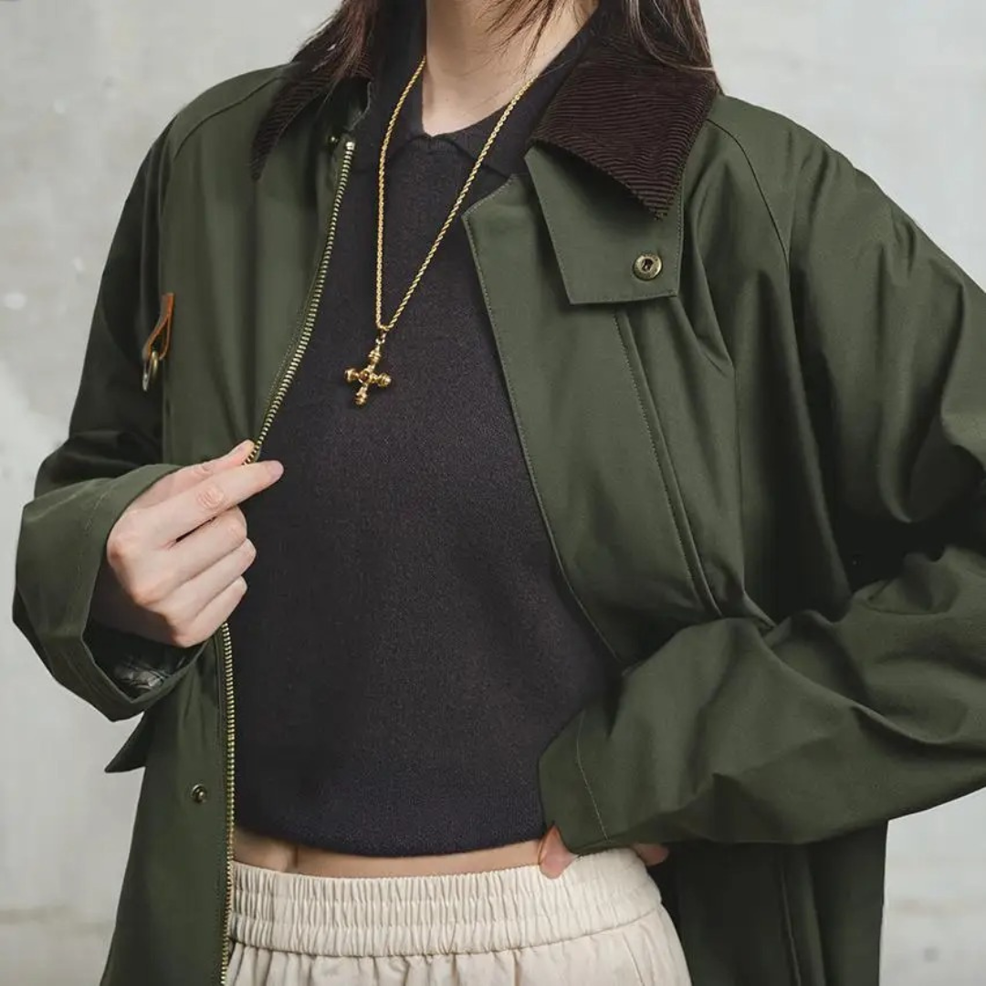 Jacke Damen Retro Grün mit Cordkragen & Reißverschluss – Highland Barn Jacket