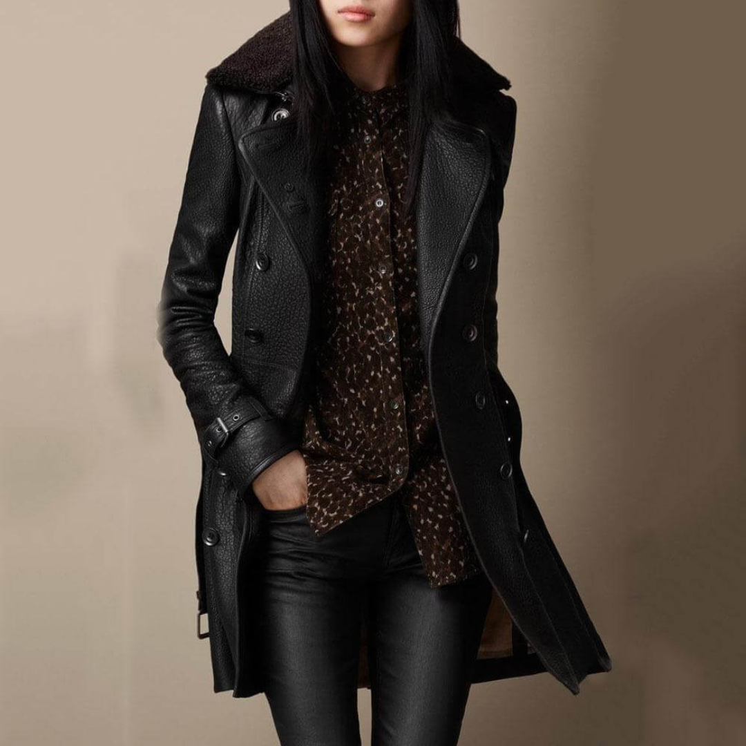 Leder Mantel Damen 3/4 Länge mit Tailliertem Schnitt – NoirÉlégance Coat