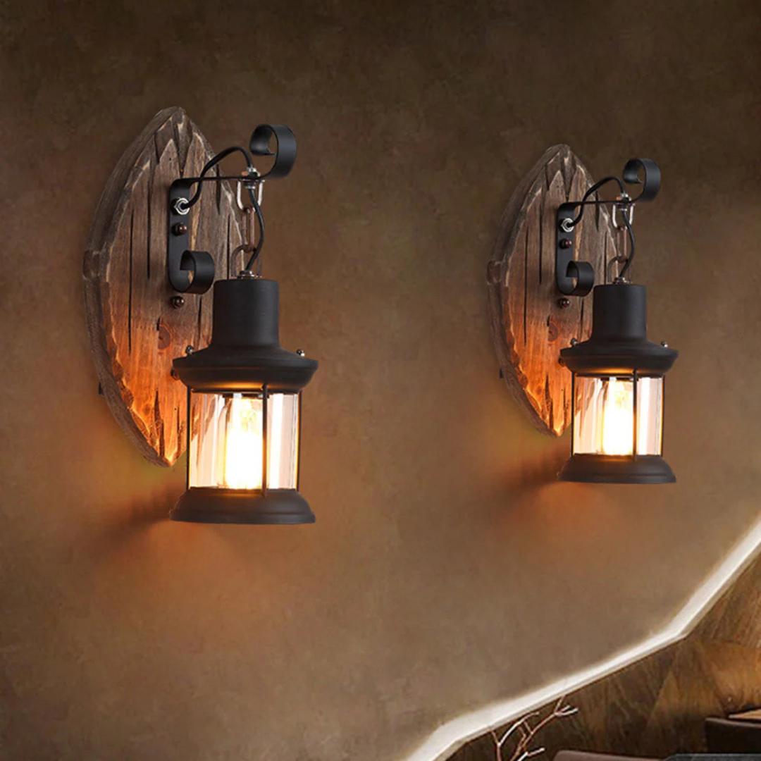 Innenbeleuchtung Vintage Wandlampe mit Holzrückwand – LanternGlow Light