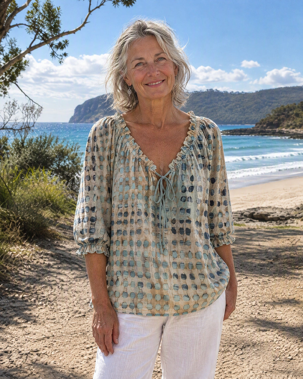 Boho Print Blusenshirt mit Bindenausschnitt