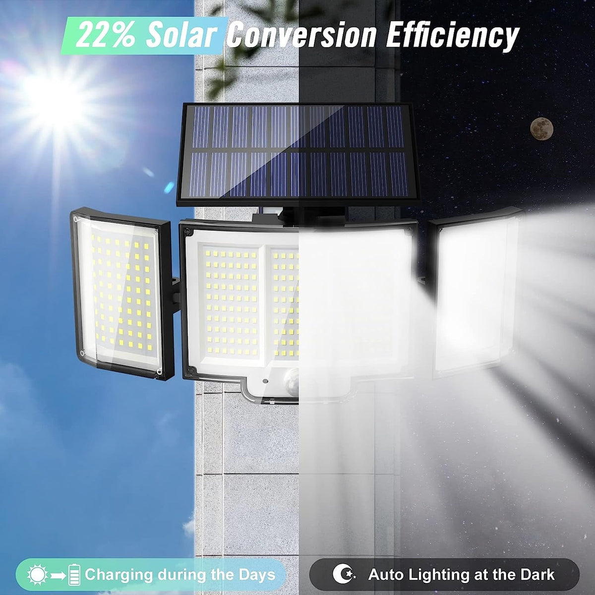 Solar Bewegungsmelder Sicherheitsleuchte mit Fernbedienung, 348 LED 3 Köpfe