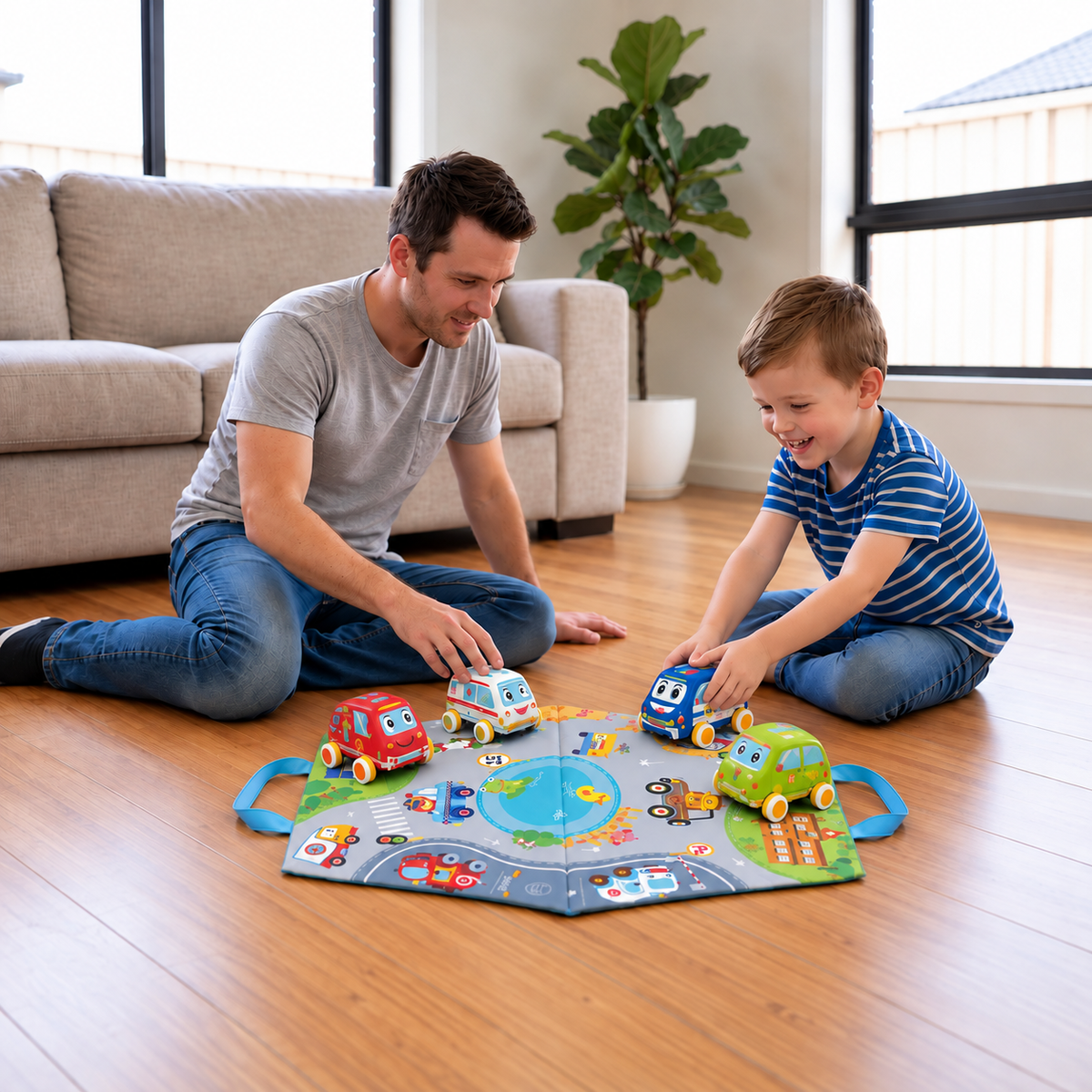 Weiches Plüsch-Rückzieh-Auto-Set mit 2-in-1-Spielmatte und Aufbewahrungstasche