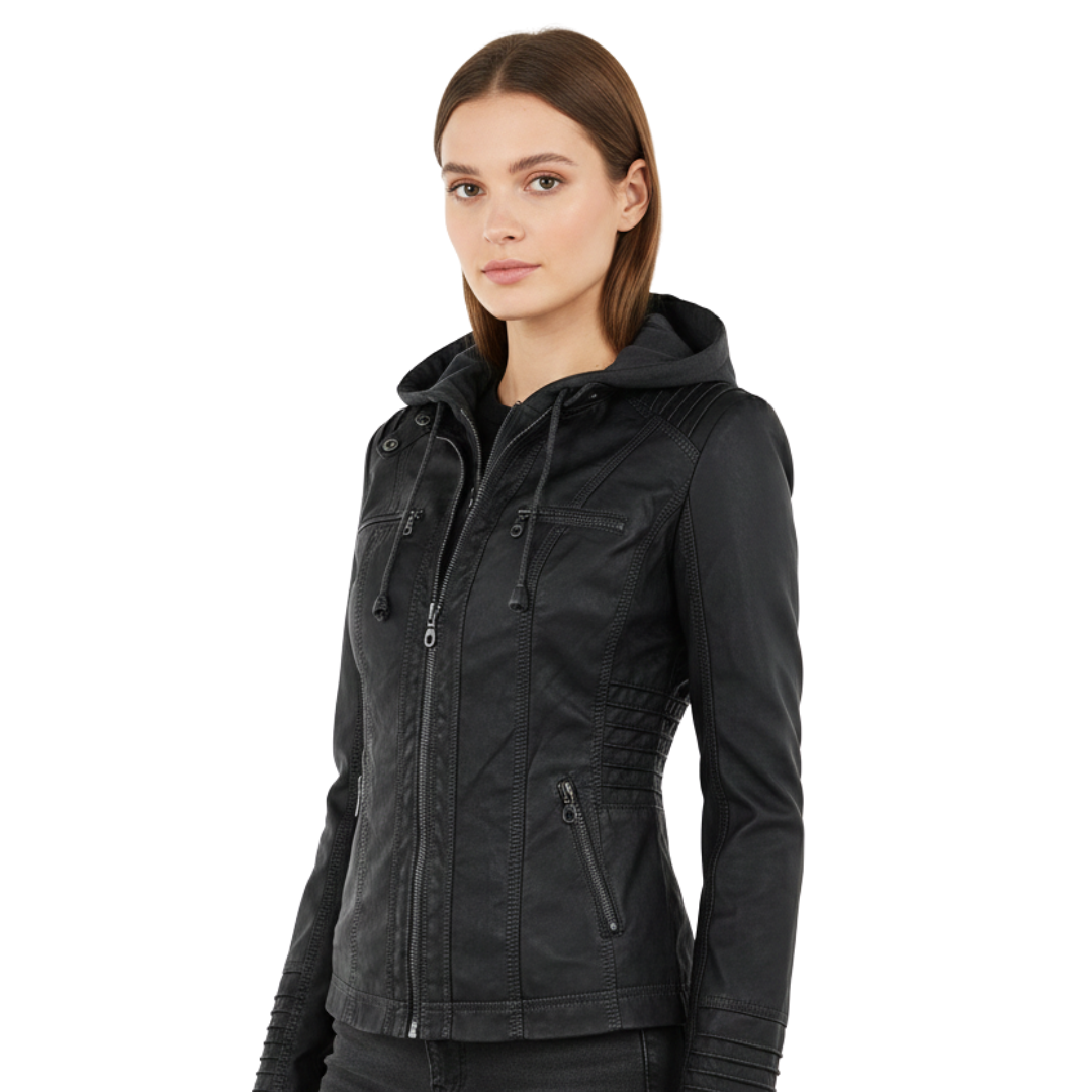Damen Bikerjacke aus veganem Leder mit Kapuze