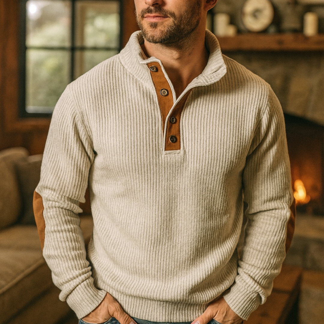 Retro Strickpullover mit Knopfleiste & Ellbogenpatches – Lyle Classic Knit