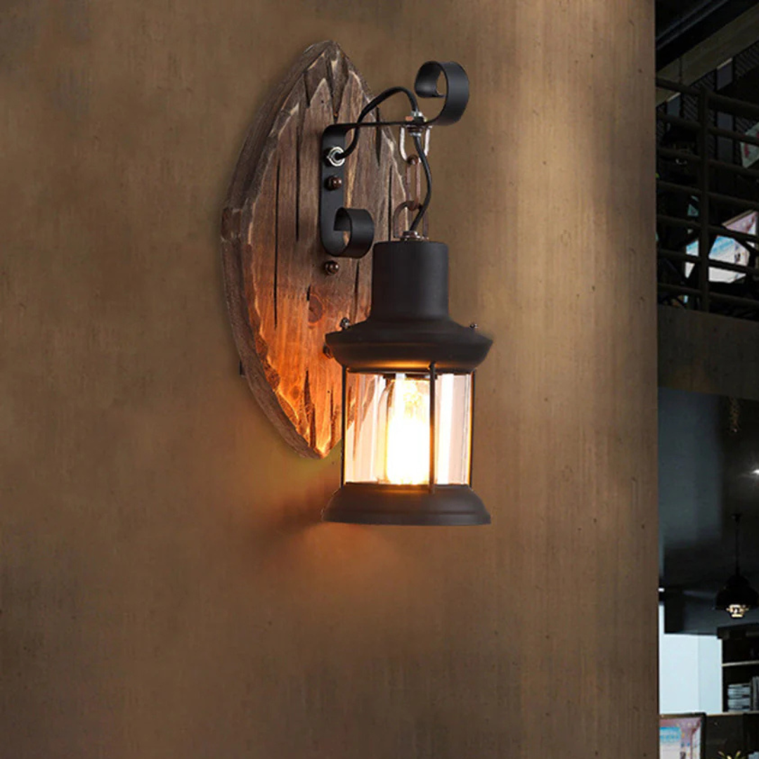 Innenbeleuchtung Vintage Wandlampe mit Holzrückwand – LanternGlow Light