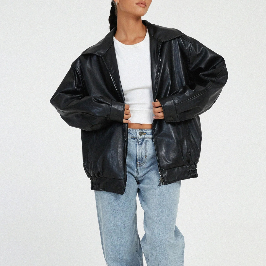 Lederjacke Damen Oversize mit Reißverschluss & Taschen – UrbanEase Layer
