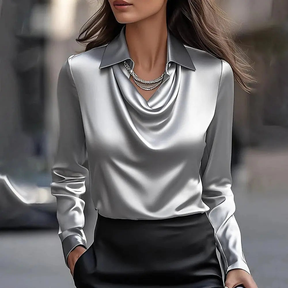 Elegante Seidenbluse für Damen, mit hohem Kragen, langen Ärmeln, atmungsaktiv und bequem