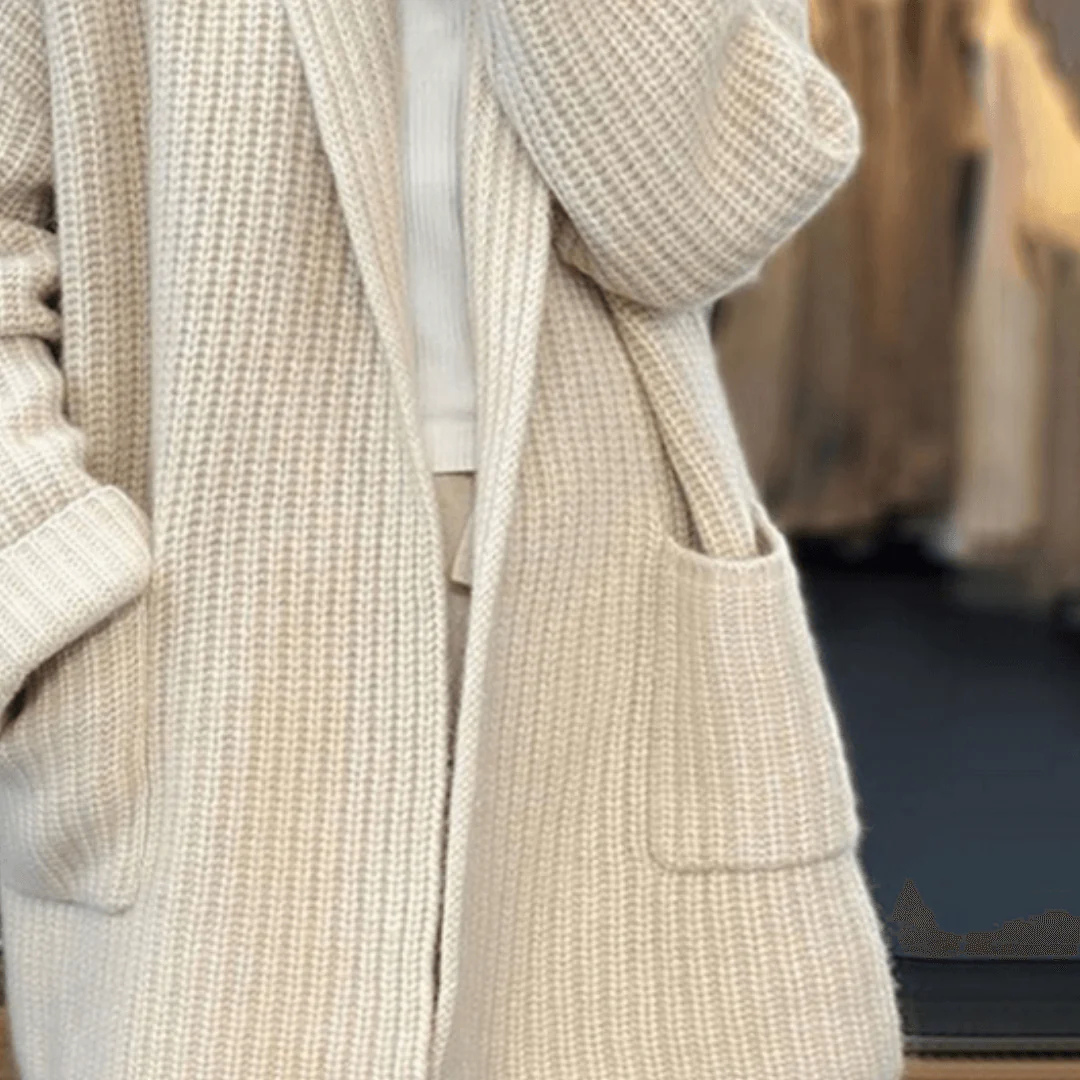Pullover-Strickjacke lang mit elegantem Schnitt & offener Front – CozyCharm Cardigan