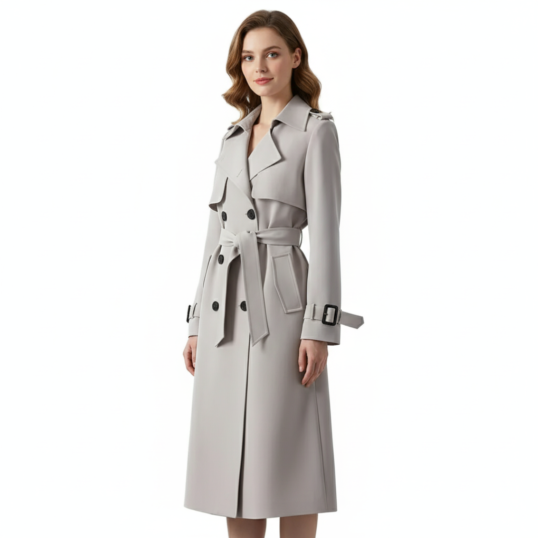 Damen Langer Doppelreihiger Trenchcoat – Klassischer Mantel mit Gürtel