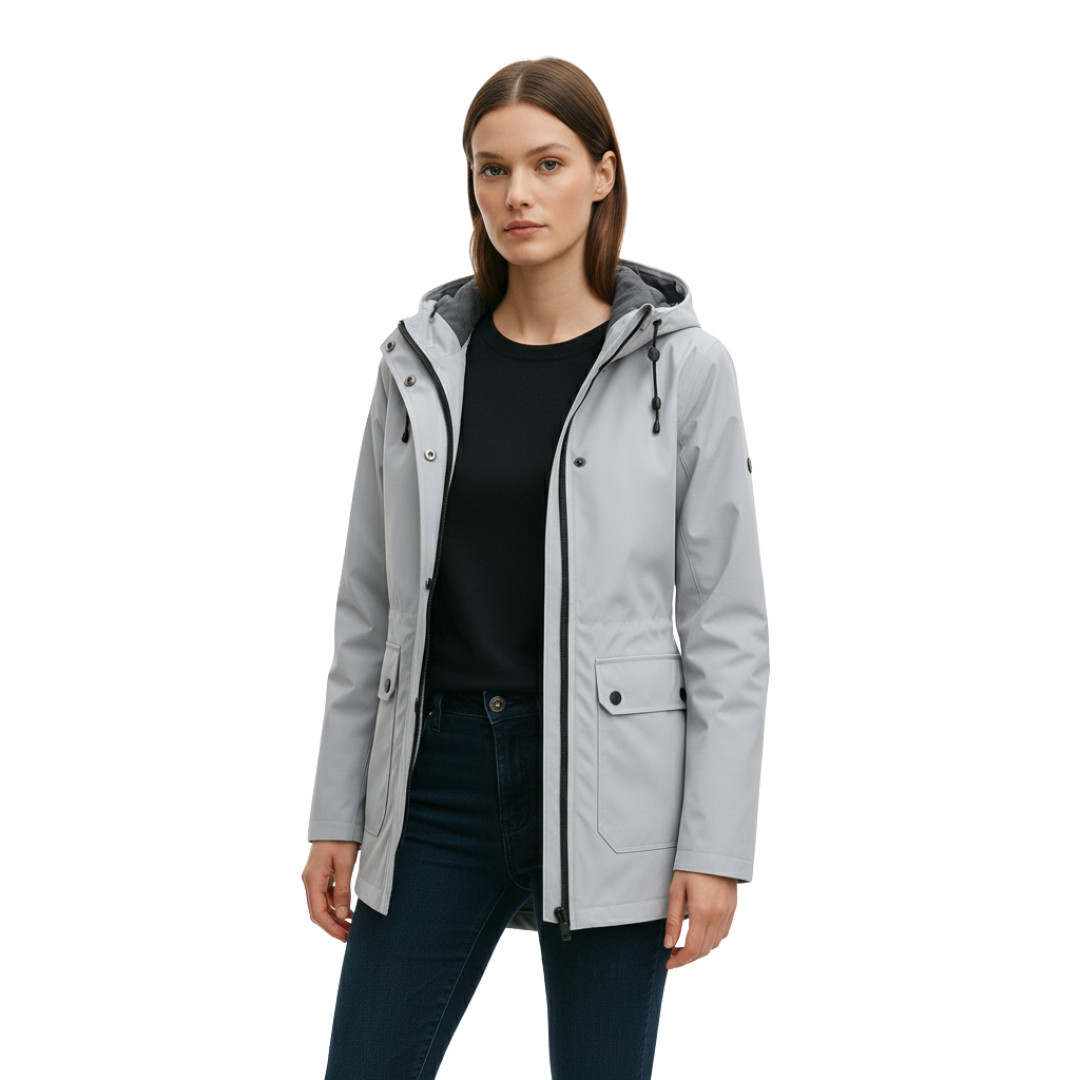Damen langer wasserdichter Regenmantel mit Kapuze – Leichte winddichte Jacke mit Taschen