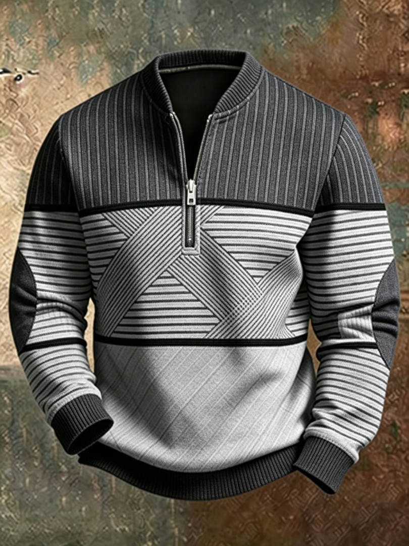 Herren-Pullover mit Stehkragen und halbem Reißverschluss mit grafischem Muster