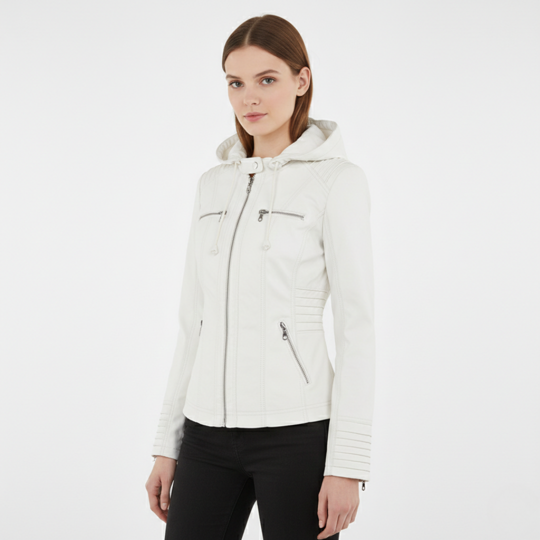 Damen Bikerjacke aus veganem Leder mit Kapuze