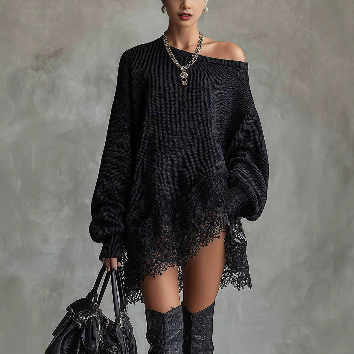 Damen Off-Shoulder Strickkleid mit Spitzensaum