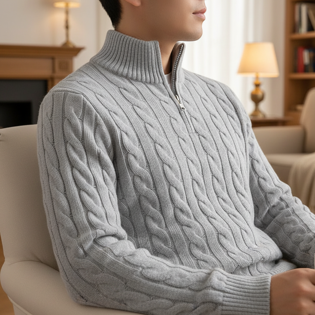 Pullover mit Zopfmuster & Stehkragen-Reißverschluss 100% Cotton – NordicClassic Knit