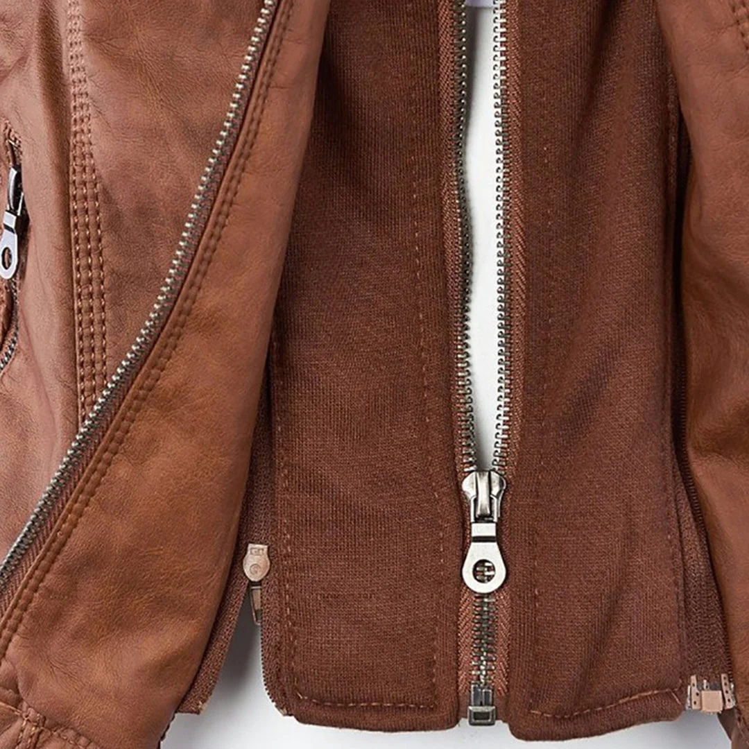 Wasserdichte Damen Bikerjacke aus veganem Leder mit Kapuze