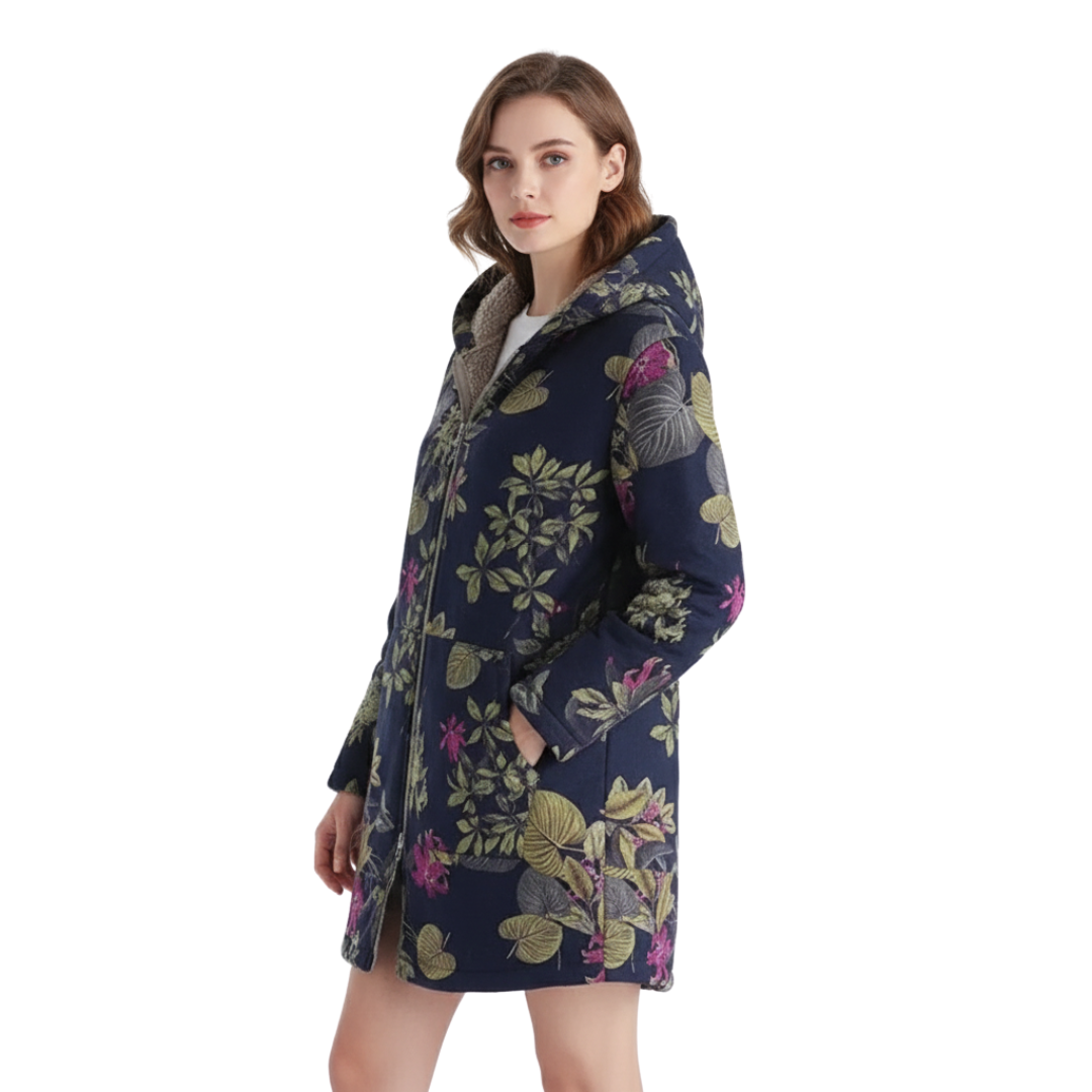 Damen Gefütterter Winterparka mit Kapuze – Becca Fleece-Mantel mit Blumenmuster