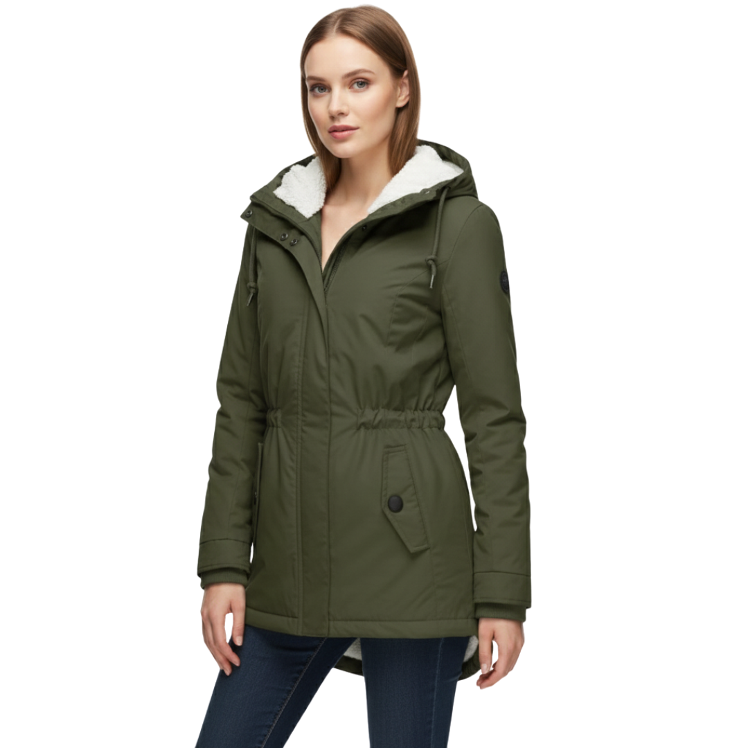 Damen Fleece-gefütterte Kapuzenjacke mit langem Schnitt – Wintermantel