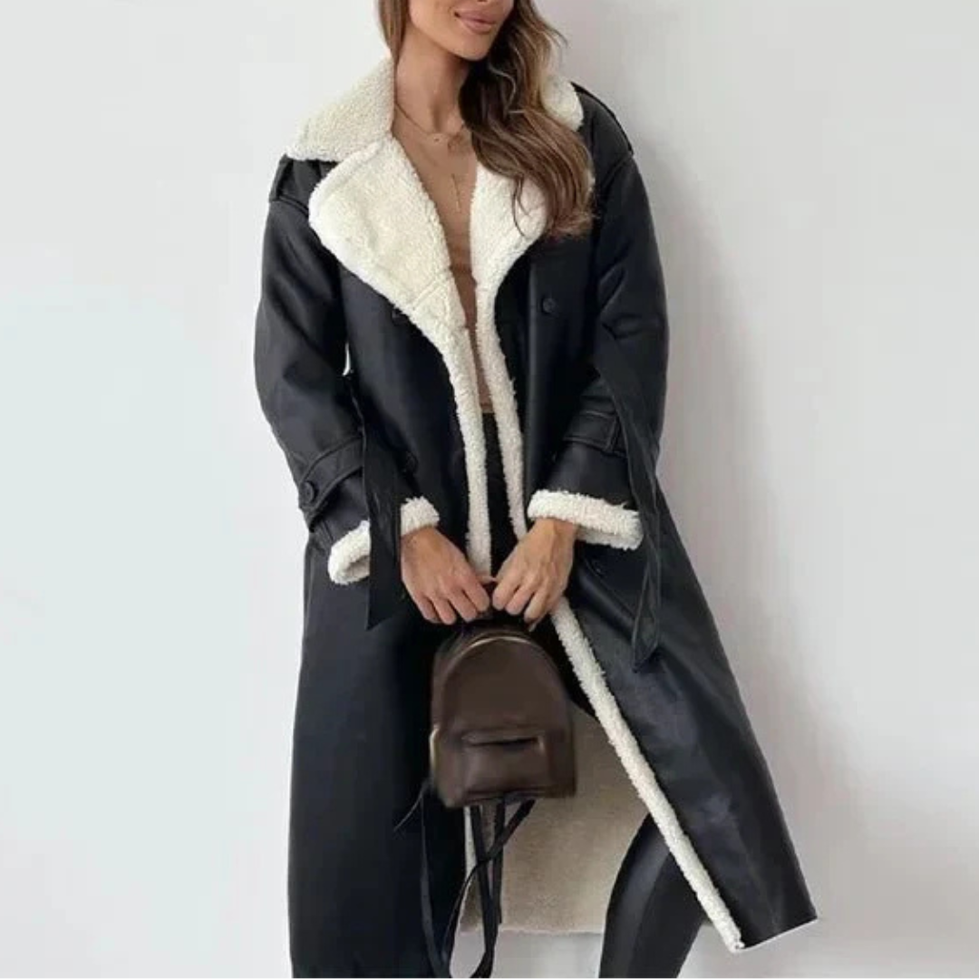 Damen Jacken lang mit Shearling-Futter & Bindegürtel – WinterEleganz Mantel