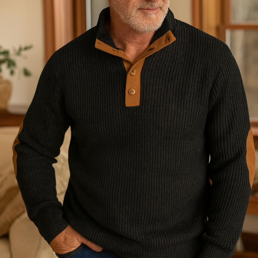 Retro Strickpullover mit Knopfleiste & Ellbogenpatches – Lyle Classic Knit