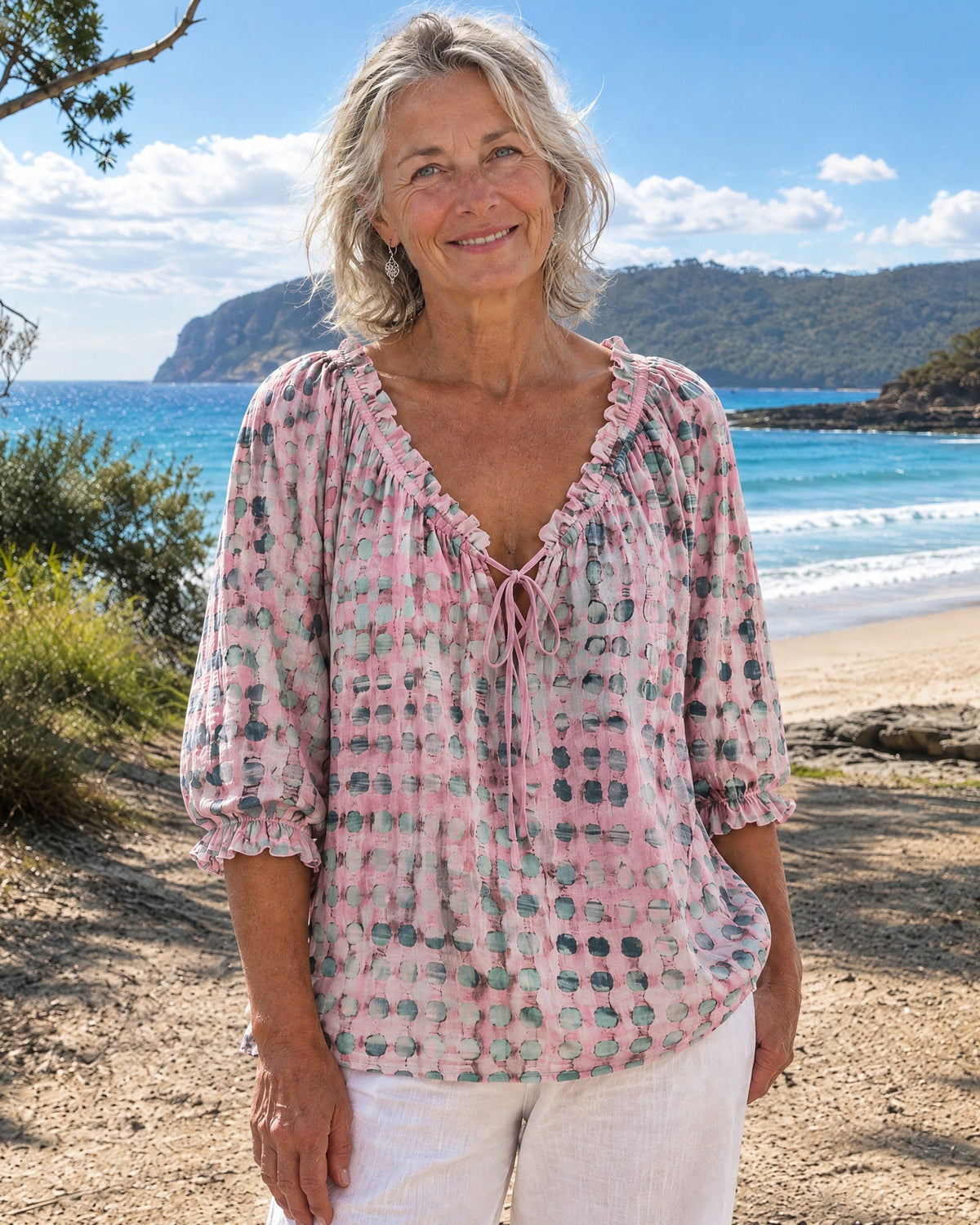 Boho Print Blusenshirt mit Bindenausschnitt