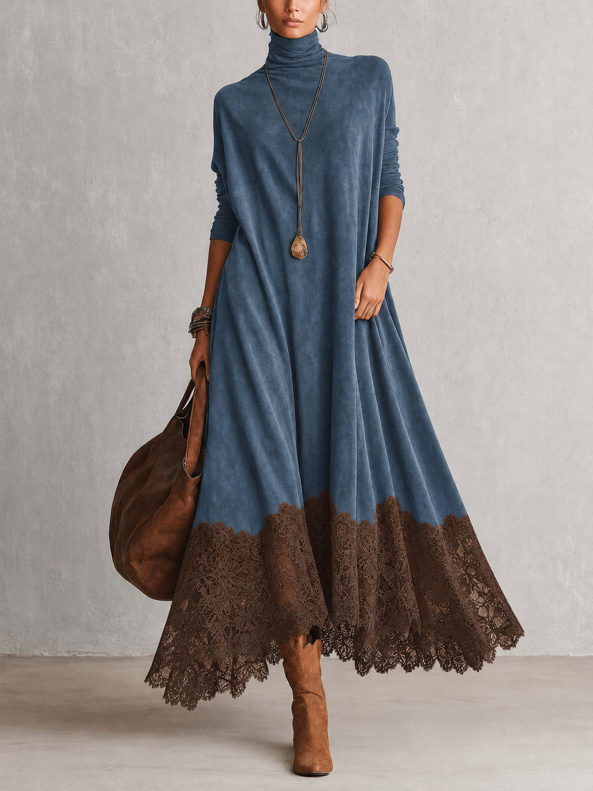 A-Linien-Kleid mit hohem Kragen, Spitzenpaneelen und langen Ärmeln