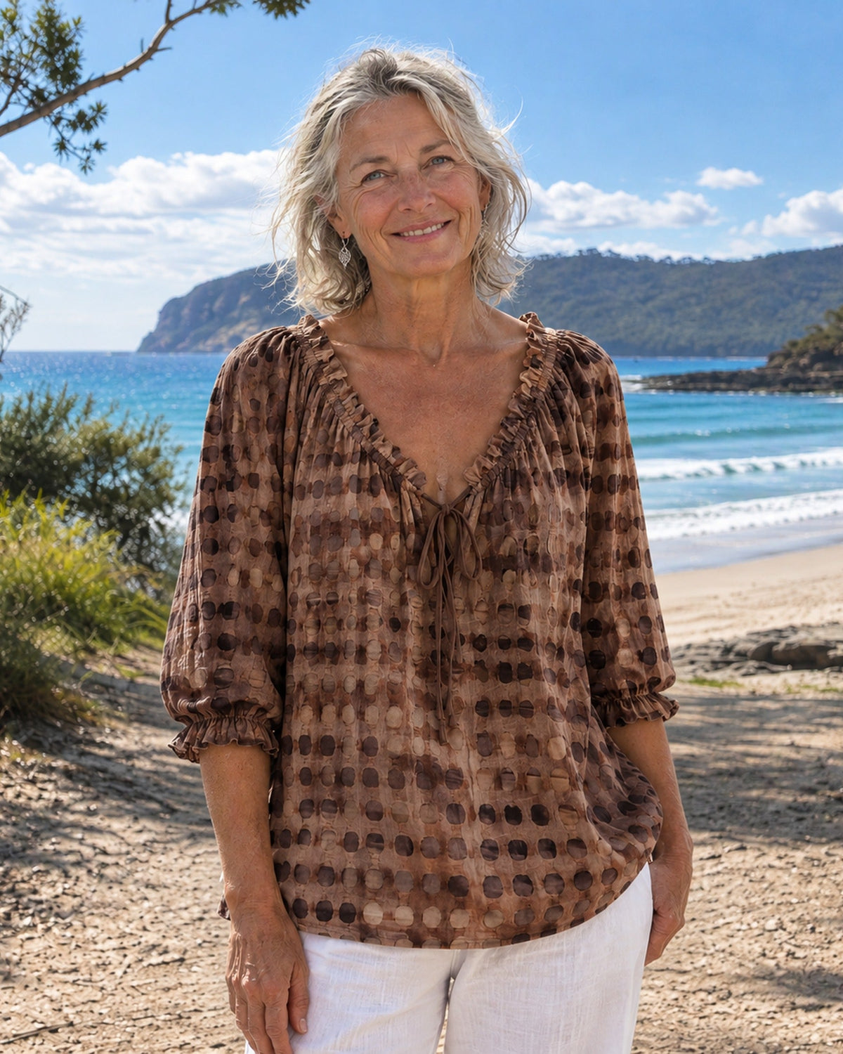 Boho Print Blusenshirt mit Bindenausschnitt
