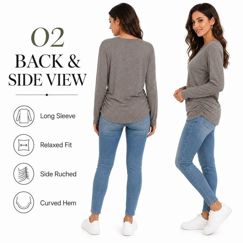Damen Langarmshirt mit gerafftem Saum Herbst Oberteil Leichter Pullover