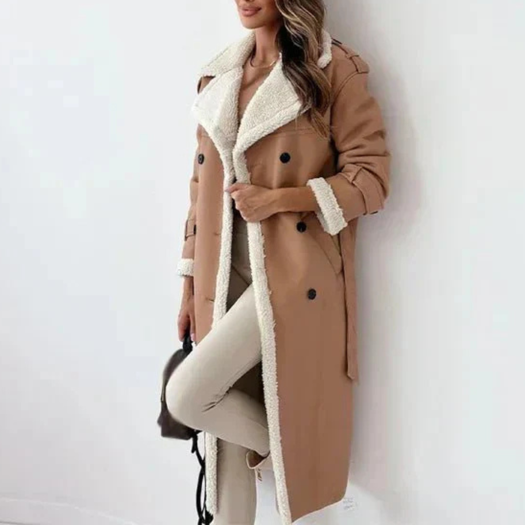 Damen Jacken lang mit Shearling-Futter & Bindegürtel – WinterEleganz Mantel