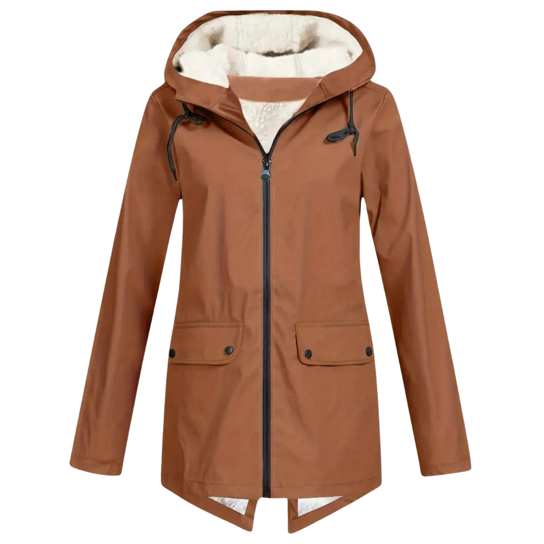 Wasserdichter Damenmantel mit Fleece-Futter und Kapuze – Warme Winter-Regenjacke
