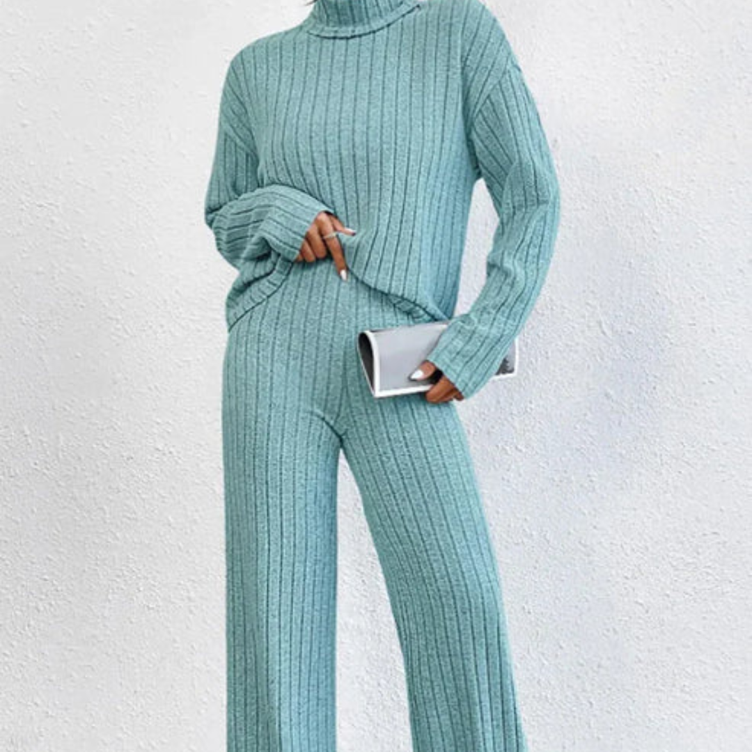 Trainingsanzug Damen 2-teilig Strick mit Rollkragen & Wide-Leg Hose – KnitChic Set