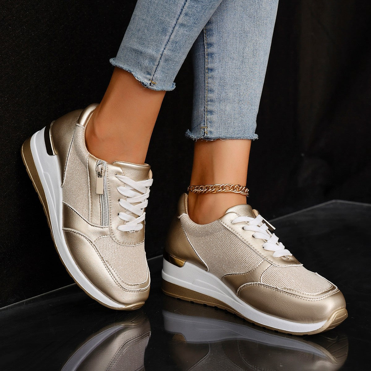 Damen-Sneaker mit Schnürung und seitlichem Reißverschluss – Dicke Sohle, Komfort und sportlicher Stil