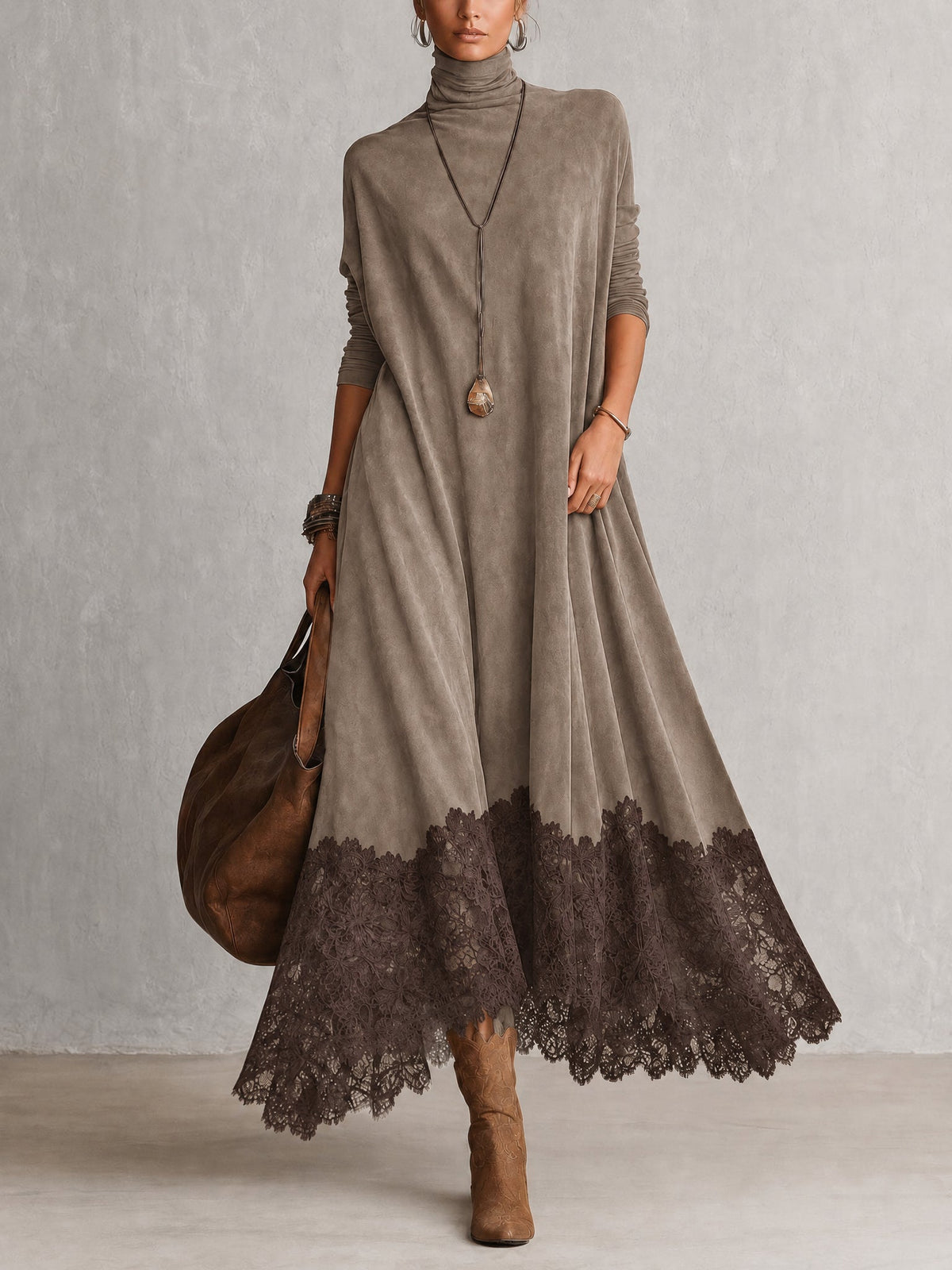 A-Linien-Kleid mit hohem Kragen, Spitzenpaneelen und langen Ärmeln