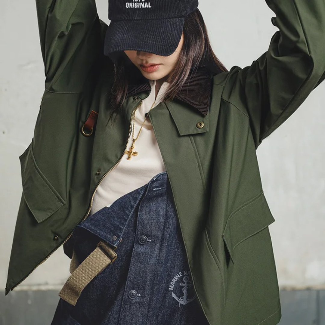 Jacke Damen Retro Grün mit Cordkragen & Reißverschluss – Highland Barn Jacket