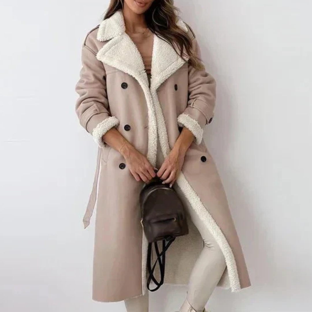 Damen Jacken lang mit Shearling-Futter & Bindegürtel – WinterEleganz Mantel