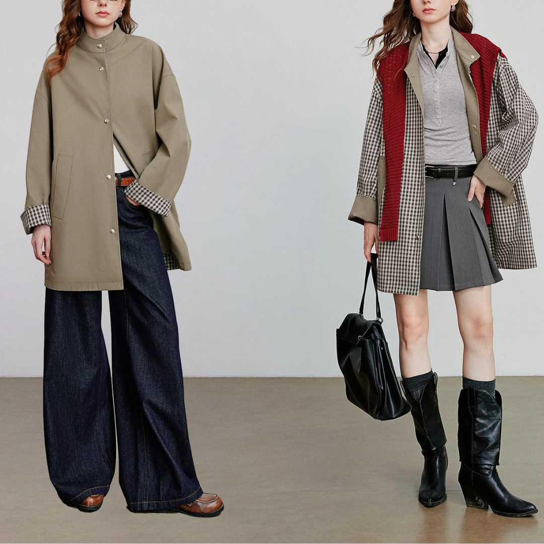 Jacke aus Lyocell & Baumwolle, wendbar mit Karofutter – UrbanEase Trench
