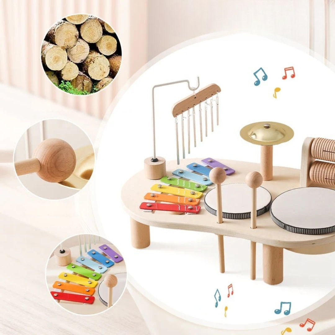 Spielzeug Musiktisch aus Holz mit Xylophon, Trommeln & Becken – KlangZauber Tisch