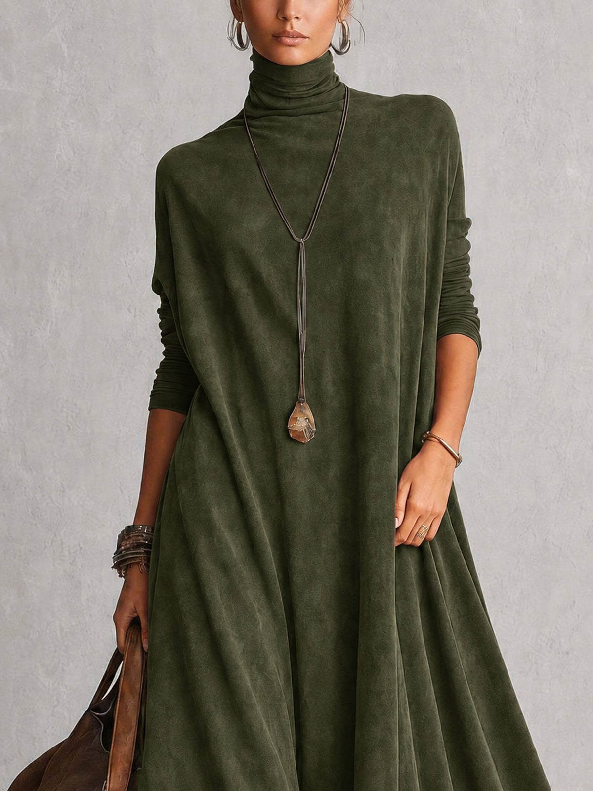 A-Linien-Kleid mit hohem Kragen, Spitzenpaneelen und langen Ärmeln