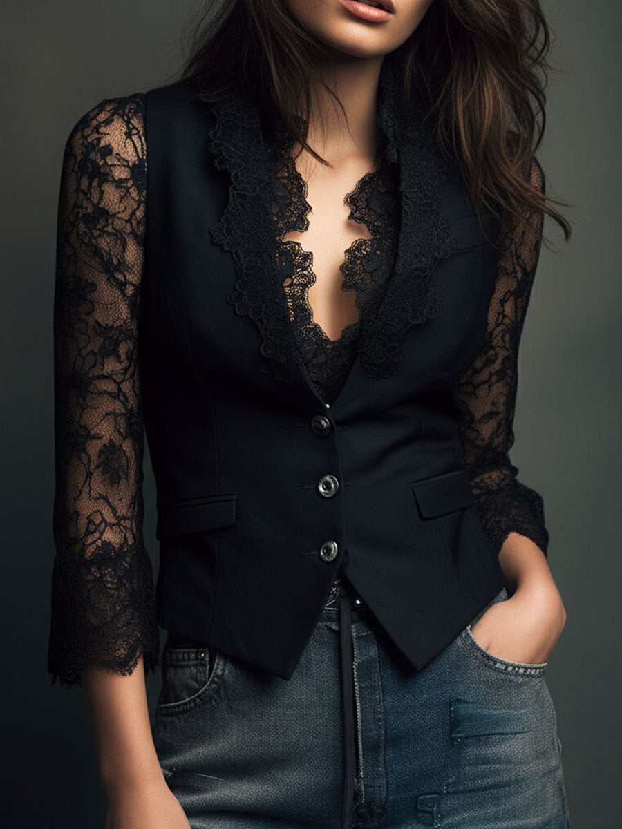 Hoher Schwarzer Blazer mit Halbtransparenten Ärmeln