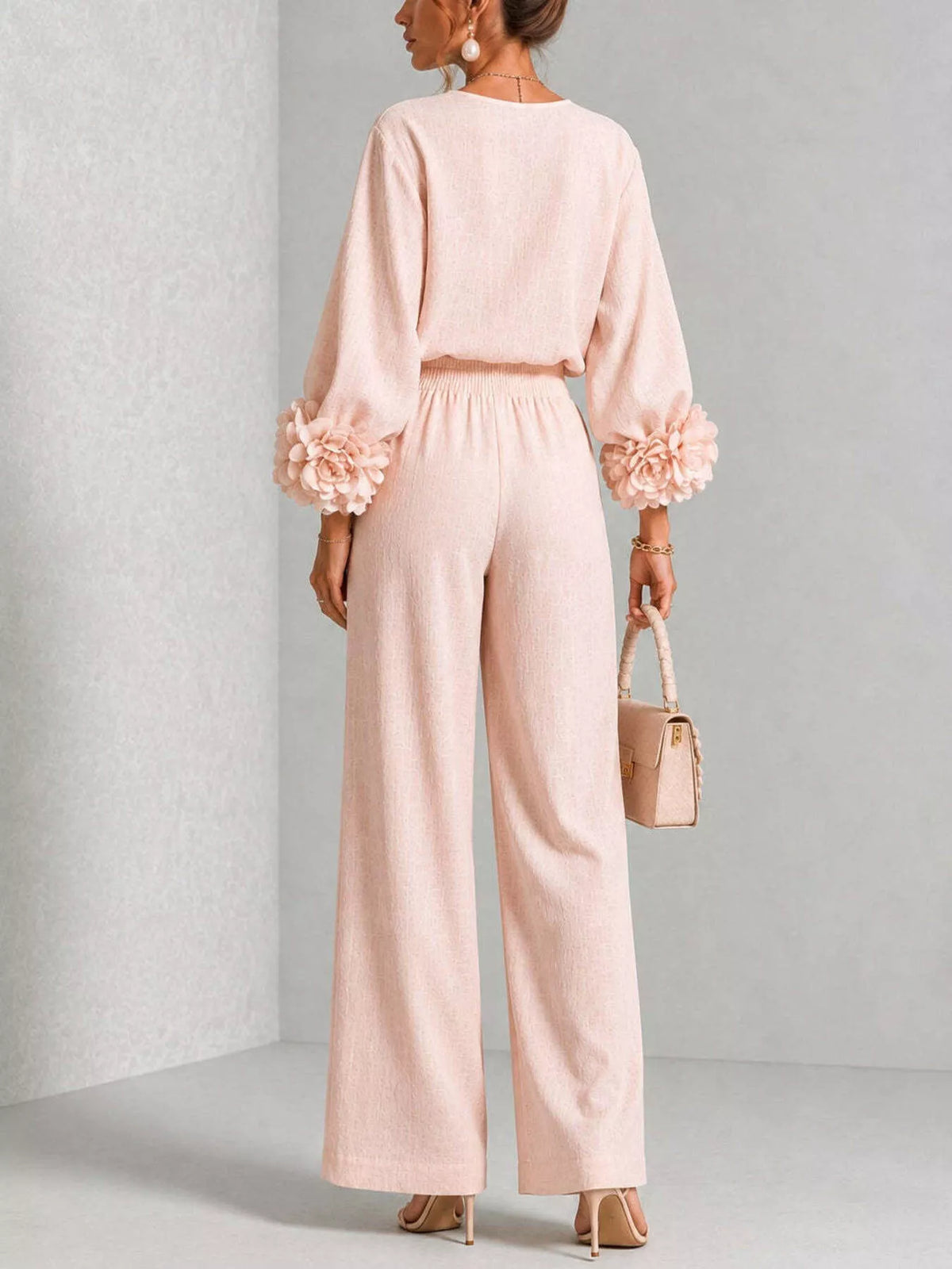 Oberteil mit Blumenmanschetten und weite Hose Set in großen Größen