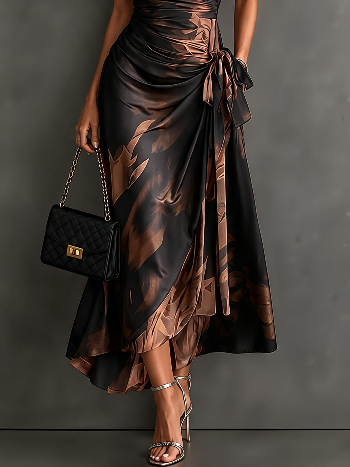 Safran Wickelkleid mit abstraktem Print für Herbst