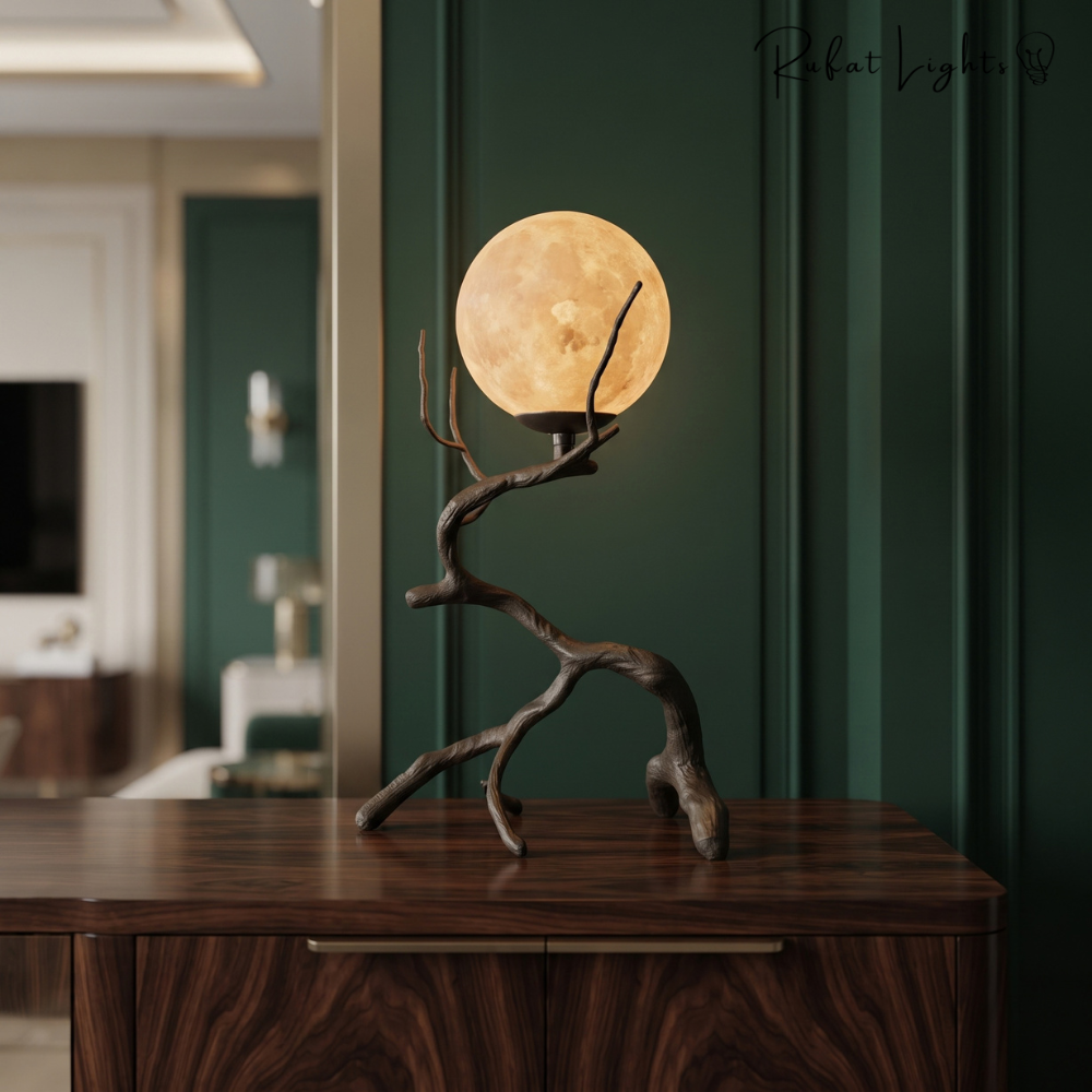Rustikale Tischleuchte Mond mit Holzmaserung