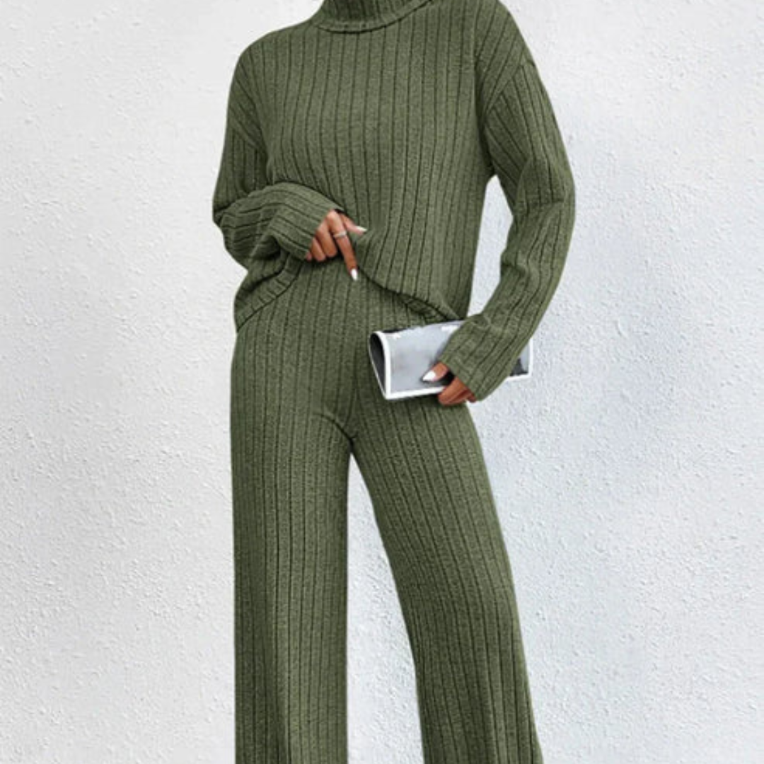 Trainingsanzug Damen 2-teilig Strick mit Rollkragen & Wide-Leg Hose – KnitChic Set