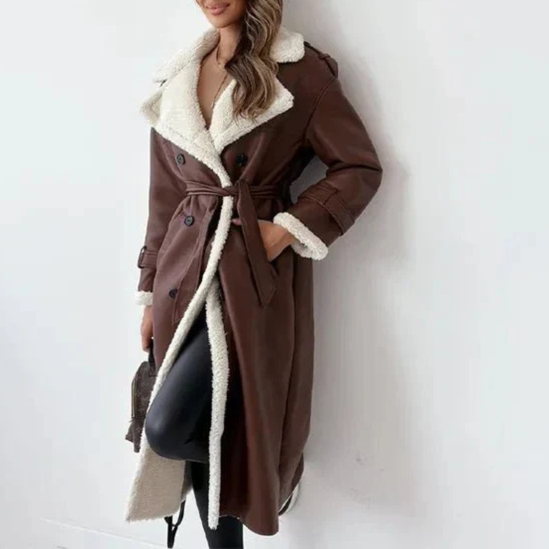 Damen Jacken lang mit Shearling-Futter & Bindegürtel – WinterEleganz Mantel