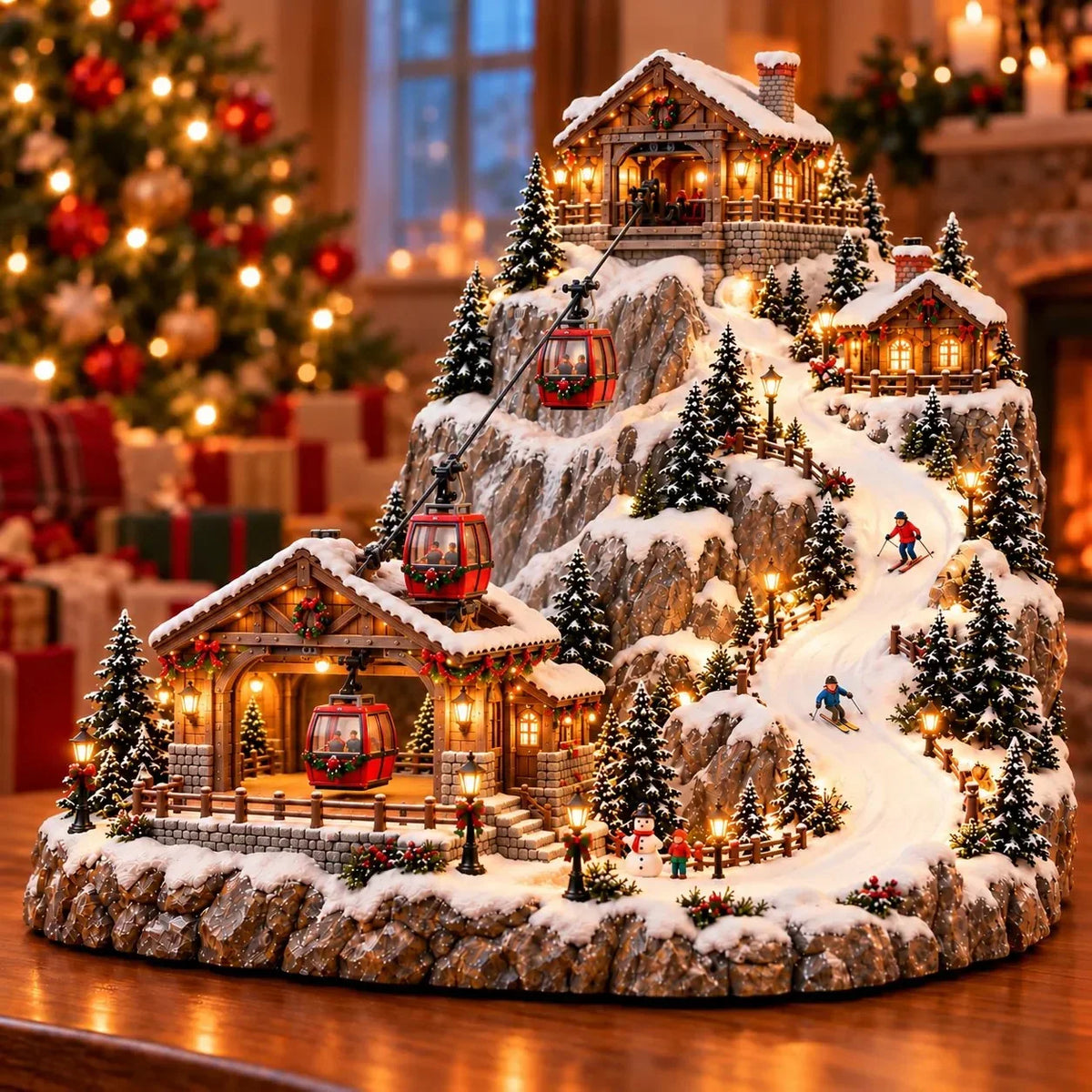 Animierte Weihnachts-Bergszene mit Seilbahn und Skiort