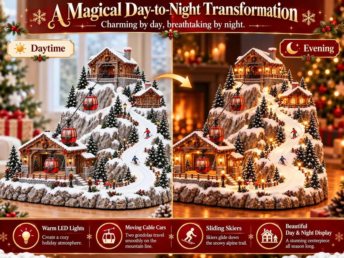 Animierte Weihnachts-Bergszene mit Seilbahn und Skiort