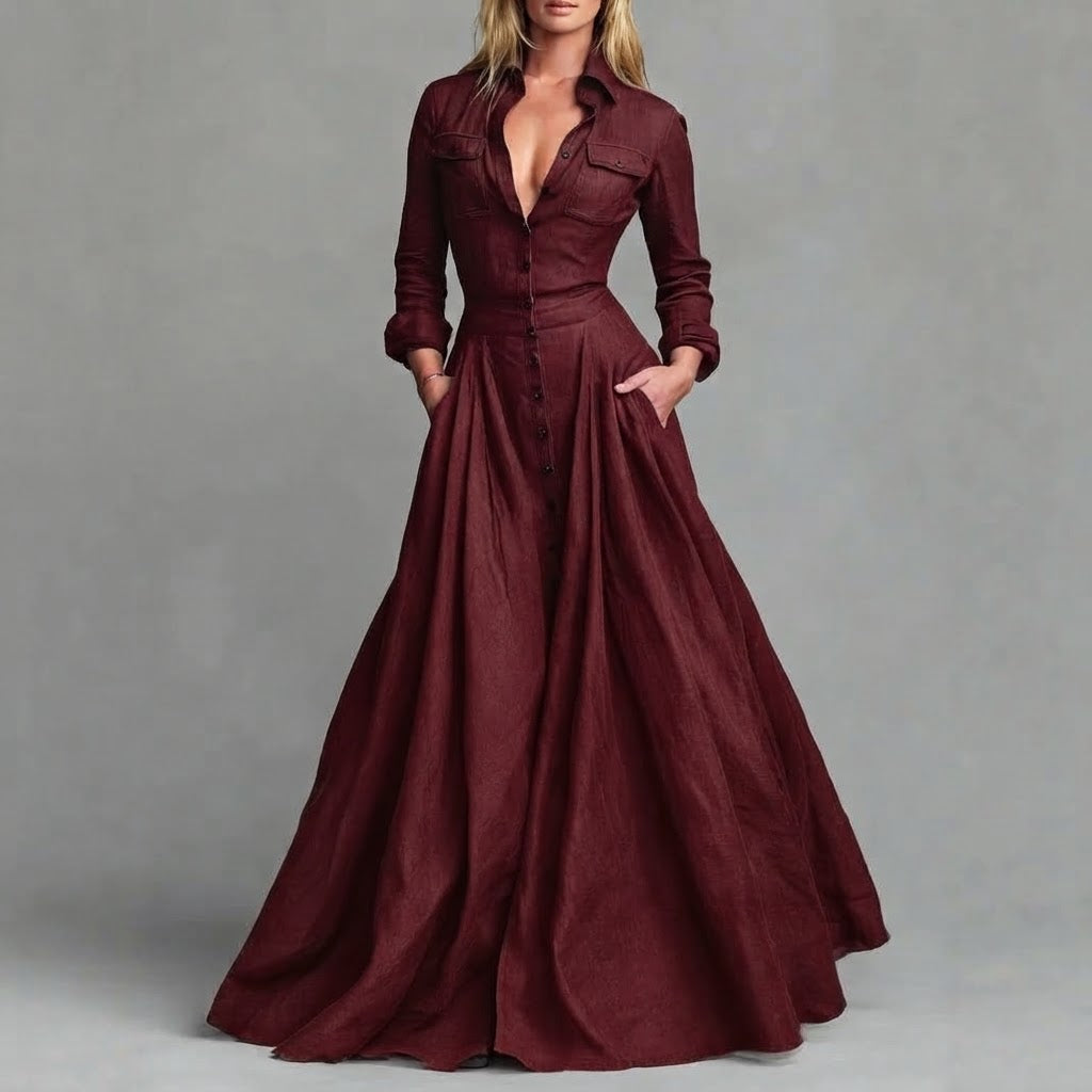 Hochgeschnittenes Langarm-Maxikleid mit Kragen und Knopfleiste